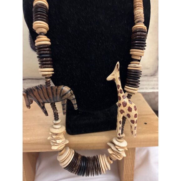 Handmade Wooden Beaded Necklace With Carved Giraffe & Zebra Pendants - Picture 13 of 15